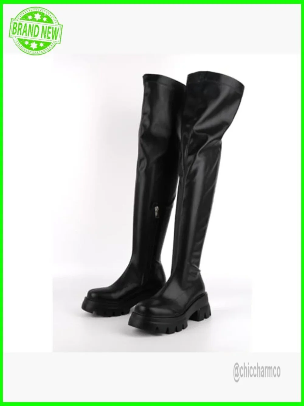 Round Toe Low Block Heeled Thigh Boots Chunky Heels Tread Sole Zip Up